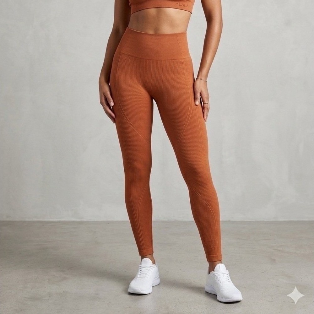Alala Seamless Ribbed High Waisted Leggings Burnt Orange Small Activewear Tights